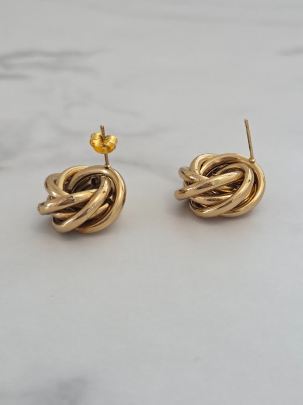 Gold Stainless Steel Woven Love Knot Stud Earrings Chunky Textured Swirl Hoop - Picture 6 of 11
